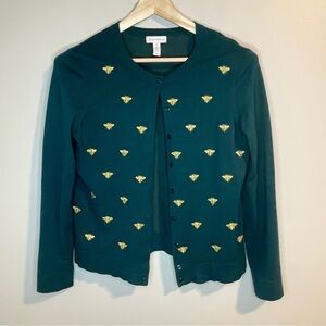 Charter Club Green and Gold Bumble Bee Embroidered Cardigan Sweater